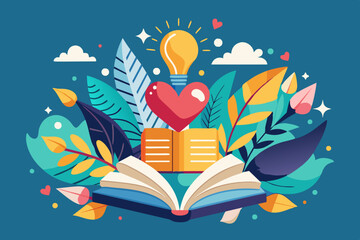 Open book with heart, light bulb, surrounded by leaves. An image of an open book with a heart and a light bulb inside, all surrounded by leaves, conveys a sense of creativity, inspiration, and nature