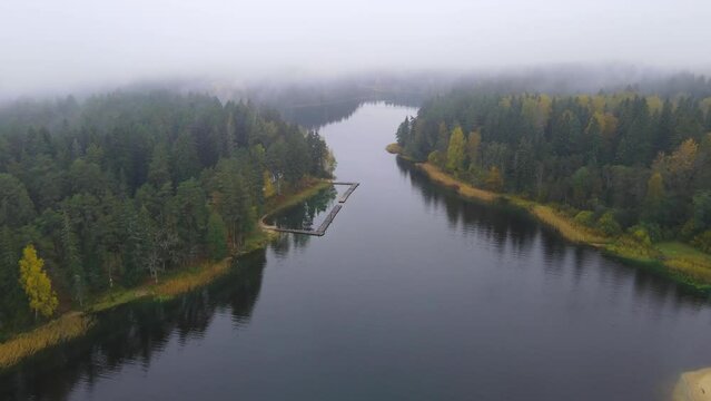 Seliger nature landscape video, Beautiful aerial drone footage of Foggy Morning Seliger Lake, Travel and tourism concept video . High quality 4k footage