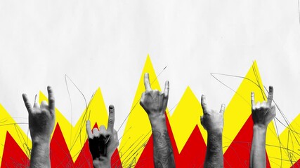 Poster for a rock music festival, celebrating the spirit and enthusiasm of the genre. Multiple hands making the rock n' roll sign with a vibrant abstract background. Stop motion, animation.