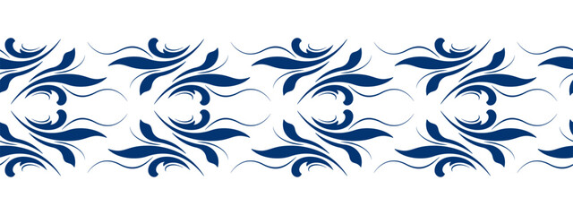 Blue leaves on white background. Folk floral border vector illustration. Ethnic paisley horizontal ornament. Vintage floral design element. Fantasy geometric shapes for decor clothes, home, etc.