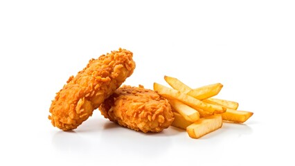 Two crispy fried chicken fillets and golden french fries on a white background, showcasing a perfect meal combo.
