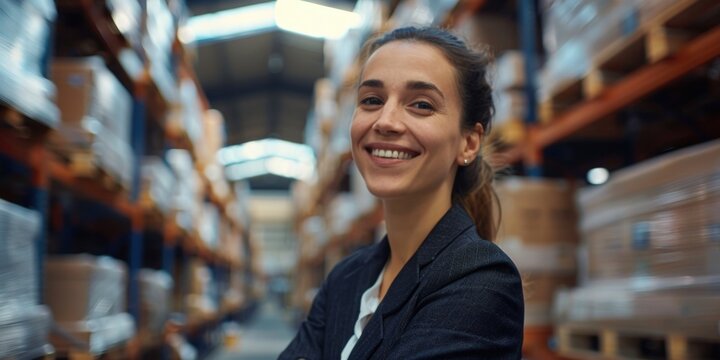 A woman stands in a warehouse with a warm smile, ideal for commercial or industrial settings