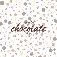 Happy world chocolate day. Typography on chocolate pattern. Collection of cartoon elements for prints, cards, posters, banners, product decoration.