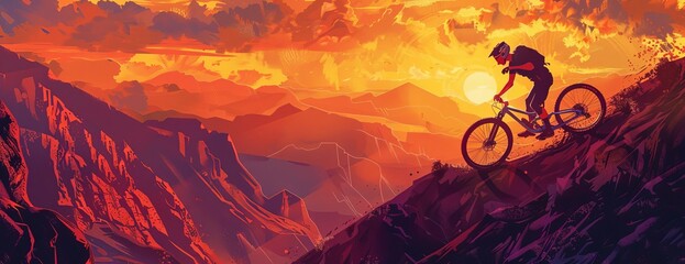 Mountain biker in silhouette, birds-eye view, low angle against a stunning sunset, rich and glowing colors, highly detailed illustration, embodying freedom and adventure