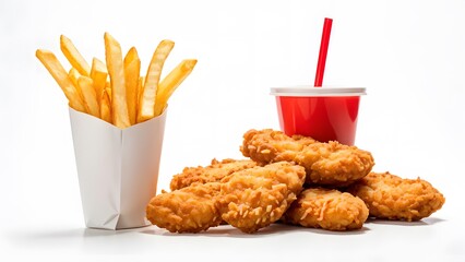 A meal of crispy chicken nuggets, french fries, and a red cup with a straw, all on a white background.