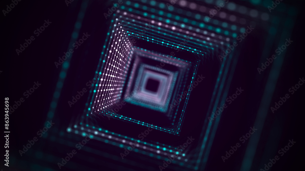 Poster cyber square tunnel consisting of moving glowing points. futuristic infinite space background. conce