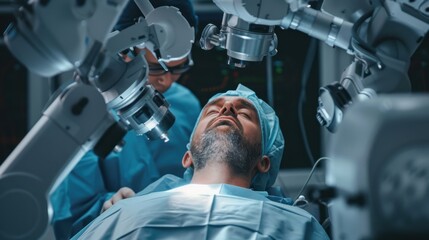 A man is undergoing brain surgery performed by sophisticated robotic arms, showcasing the future of medical technology.
