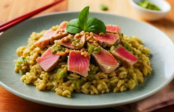 Plate full of pasta with meat and vegetables, Indian Bengali or Bangladeshi food khichri or yellow rice with fish with mint leaves on top Generative AI