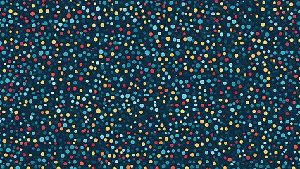 Abstract seamless chaotic pattern of multicolor dots on a blue background. Texture polka dots for packaging and textile design of fabric. Ideal for wallpaper, poster, banner, and invitation designs.