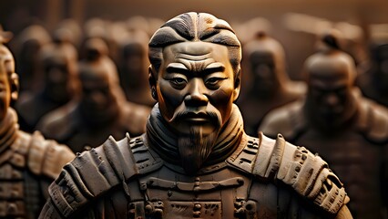 A close-up of a terracotta warrior statue, showcasing intricate details and a stoic expression.