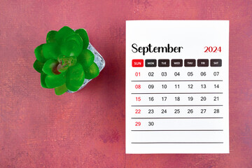Calendar page for September 2024 and houseplant on retro background.