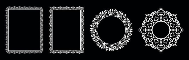 Set of decorative frames Elegant vector element for design in Eastern style, place for text. Floral black and white borders. Lace illustration for invitations and greeting cards.