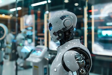 Fototapeta premium Futuristic humanoid robot in a high-tech laboratory, artificial intelligence concept