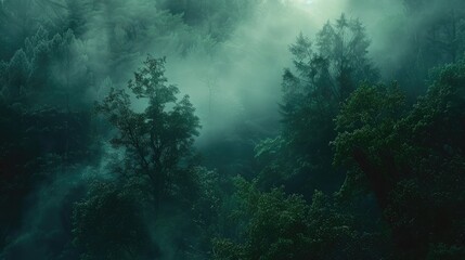 A forest enveloped in enigmatic mist