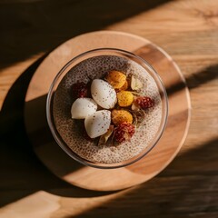 Chocolate Chia Pudding on a wooden table, boho decoration, beige colors, morning lighting and shadows.