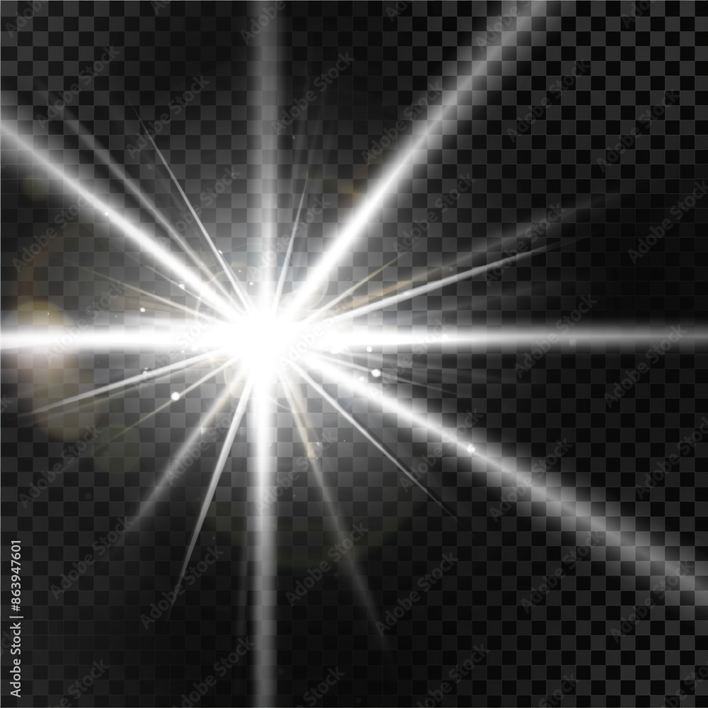 Poster white glowing light explodes on background. lights and glow white elements on black background.