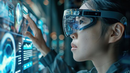 Wearing AR glasses, a woman views virtual charts and holograms, demonstrating advanced augmented reality technology.
