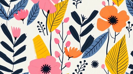 Seamless 1980s floral pattern with bright, contrasting colors