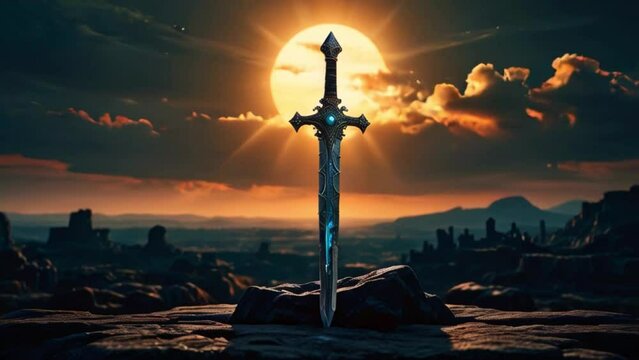Cross on the top of mountains at sunset, a sword on the rock hills and the big sun in the background with time-lapse of the clouds, mountainous rock valleys sword on rock Generative AI