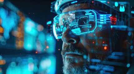 A man's face with clear AR glasses projecting virtual data, highlighting the immersive experience of augmented reality.

