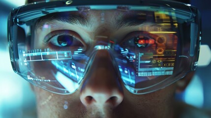 Transparent AR glasses on a man’s face display digital data, showcasing the capabilities of augmented reality technology.
