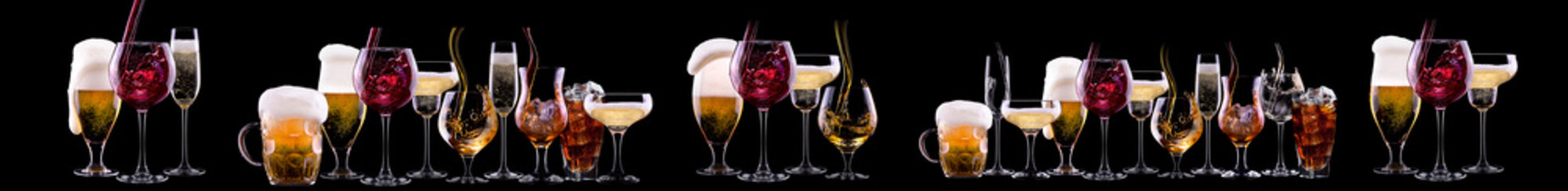 Different alcohol cocktails like beer, martini, soda, champagne, whiskey