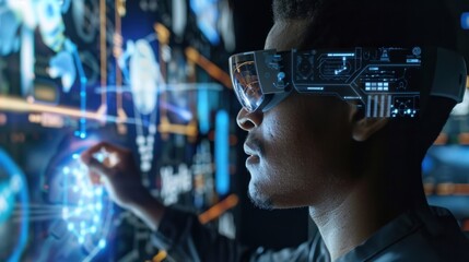 AR glasses on a man display various virtual interfaces, showcasing the advanced capabilities of augmented reality tech.
