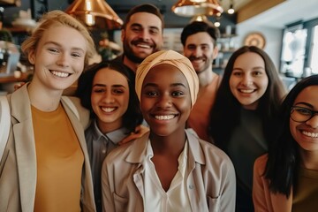 Obraz premium Multicultural happy people taking group selfie portrait in the office, diverse people celebrating together, Happy teamwork and lifestyle concept