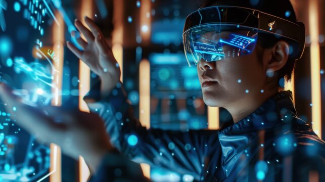 A man with AR glasses sees various holographic displays, emphasizing the potential of augmented reality technology.
