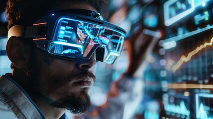 A man wearing high-tech glasses displays holographic data and graphs, showcasing advanced augmented reality technology.
