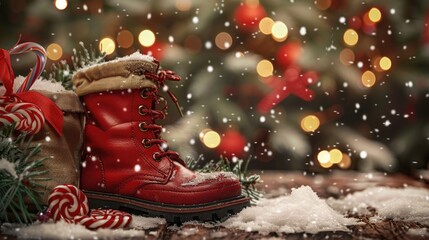 Red boot with candy snow fir branches fairy lights and bag on table