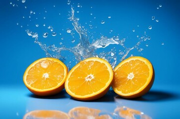Fresh oranges splashing in water against dark background. Refreshing blend of orange slices soaring through the air against a backdrop of splashing water on a vibrant blue background
