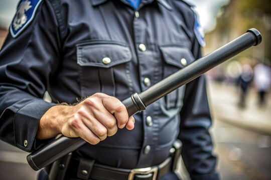 police officer hold baton club in hand
