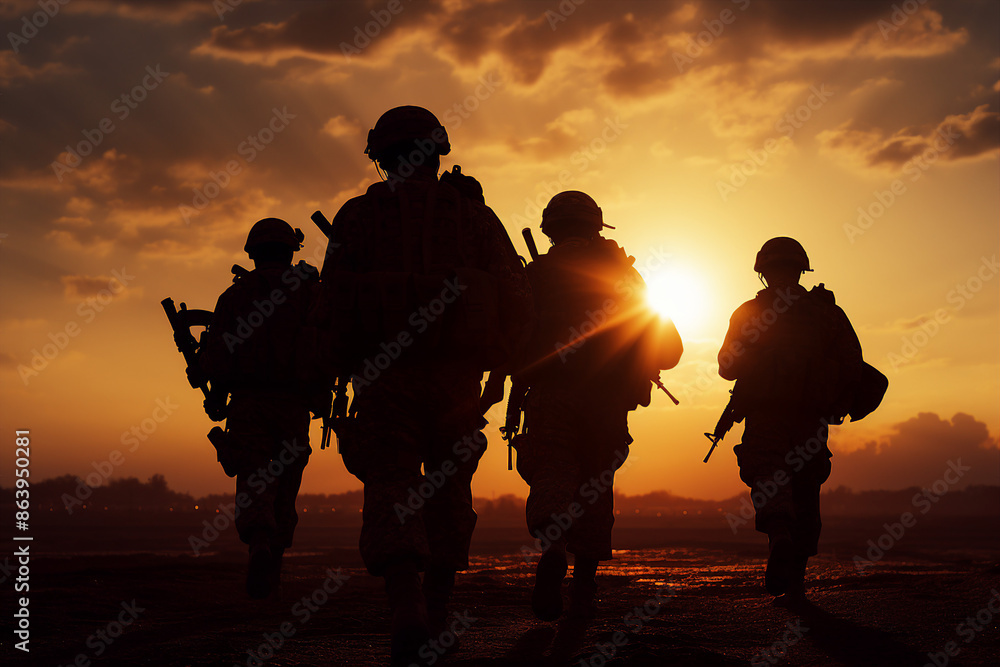 Wall mural Generated with ai image of armored soldiers during a military operation fighting for freedom at morning sunrise - Wall murals