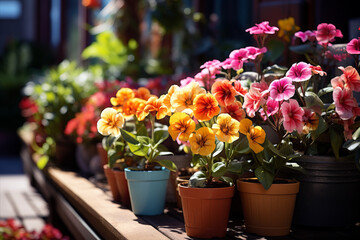 Fototapeta premium Container gardening o of flowering plants on balcony and windowsill.