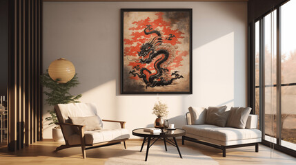 Salon ou salle à manger avec une peinture murale en arrière plan, de style art chinois. Canapé, fauteuil, table. Intérieur, architecture, mobilier moderne. Pour conception et création graphique.