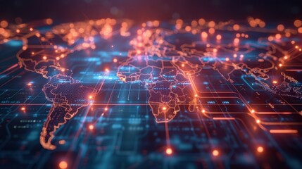 Fototapeta premium A world map with digital lines and points, illustrating the concept of global connectivity and technological advancement. 