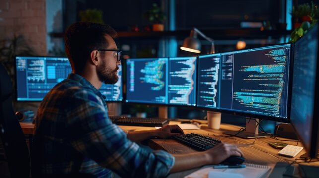 A software developer works on code late into the night, illuminated by the glow of multiple computer screens in a modern office. AIG41