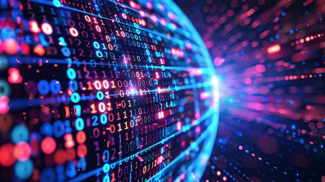 A globe with binary code and light rays, symbolizing the integration of technology and global data networks.
