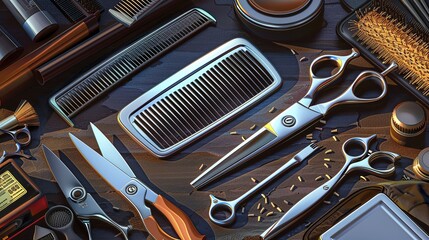 Fototapeta premium Tools for cutting and styling hair, such as combs and scissors, are shown on a table in this realistic vector artwork.