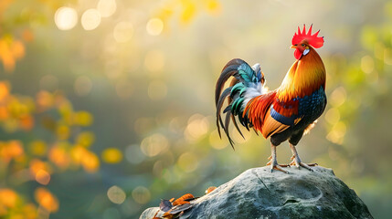 Majestic Thai Fighting Cock Rooster Standing Proudly on a Rocky Perch Crowing and Greeting the Morning Sunlight in a Serene Vibrant Outdoor Scene