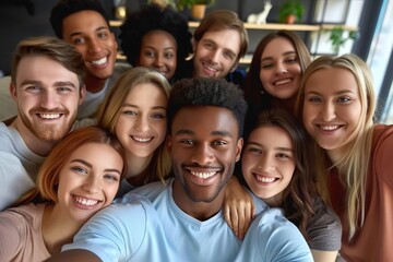 Multicultural happy people taking group selfie portrait in the office, diverse people celebrating together, Happy teamwork and lifestyle concept