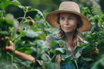 Young woman farmer grows organic vegetables sustainably.