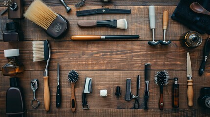Essential barber supplies neatly arranged on a wooden surface