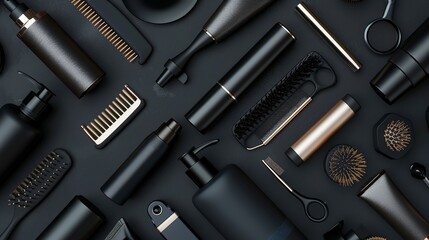 Hair tools and accessories displayed on a dark backdrop