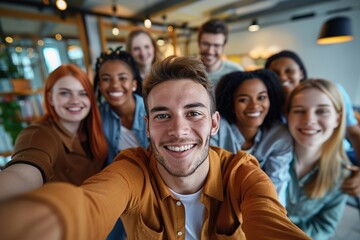 Obraz premium Multicultural happy people taking group selfie portrait in the office, diverse people celebrating together, Happy teamwork and lifestyle concept