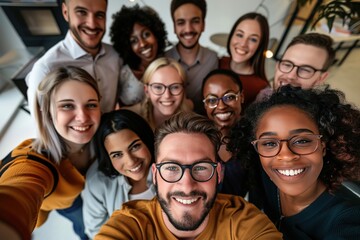 Obraz premium Multicultural happy people taking group selfie portrait in the office, diverse people celebrating together, Happy teamwork and lifestyle concept
