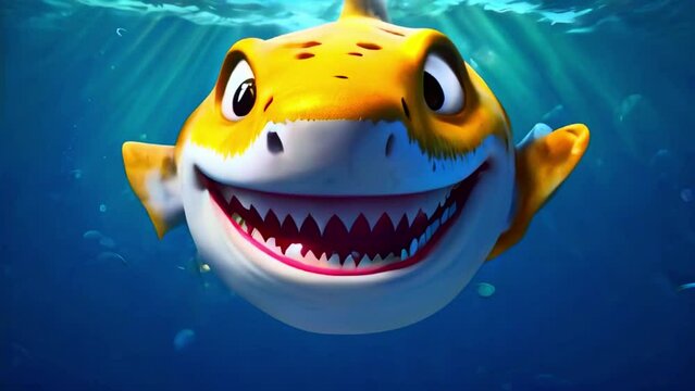 Shark in aquarium, happy yellow shark laughing with all teeth underwater, happy baby cartoon shark smiling at the camera in blue water in ocean generative AI