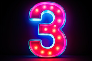 Naklejka premium 3d rendering of glowing number 3 in the dark. number sign with neon retro light. 3d illustration with glass gradient material