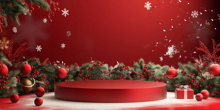 Empty Red Podium Surrounded by Festive Christmas Decor